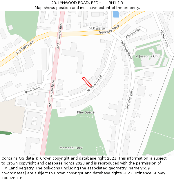 23, LYNWOOD ROAD, REDHILL, RH1 1JR: Location map and indicative extent of plot