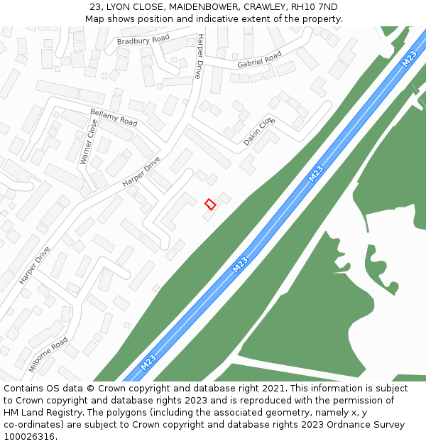 23, LYON CLOSE, MAIDENBOWER, CRAWLEY, RH10 7ND: Location map and indicative extent of plot