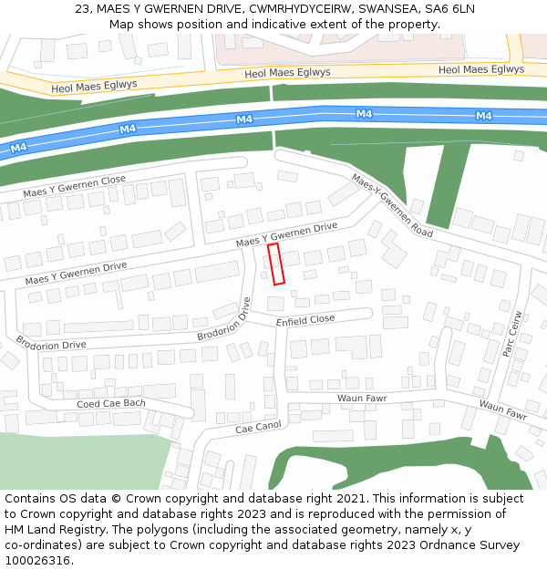 23, MAES Y GWERNEN DRIVE, CWMRHYDYCEIRW, SWANSEA, SA6 6LN: Location map and indicative extent of plot