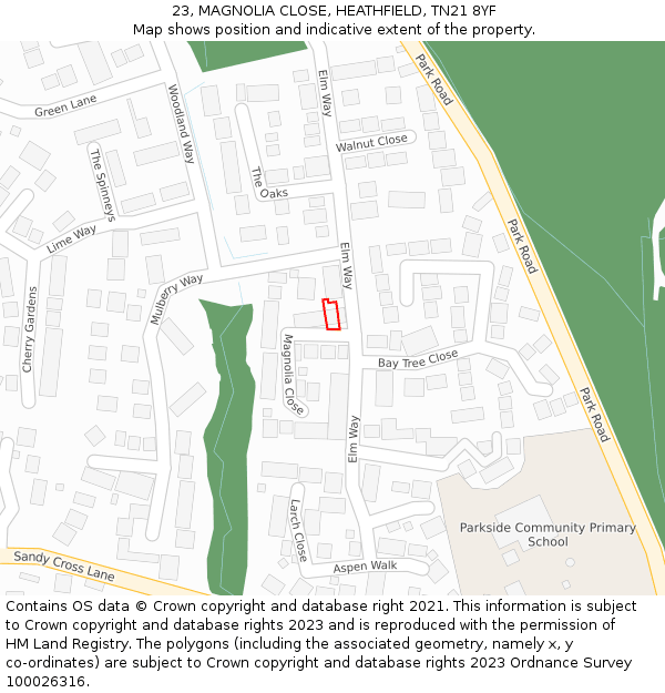 23, MAGNOLIA CLOSE, HEATHFIELD, TN21 8YF: Location map and indicative extent of plot