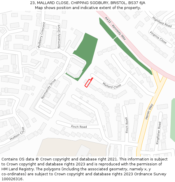 23, MALLARD CLOSE, CHIPPING SODBURY, BRISTOL, BS37 6JA: Location map and indicative extent of plot