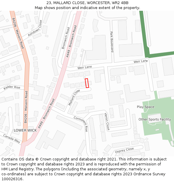 23, MALLARD CLOSE, WORCESTER, WR2 4BB: Location map and indicative extent of plot