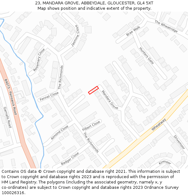 23, MANDARA GROVE, ABBEYDALE, GLOUCESTER, GL4 5XT: Location map and indicative extent of plot