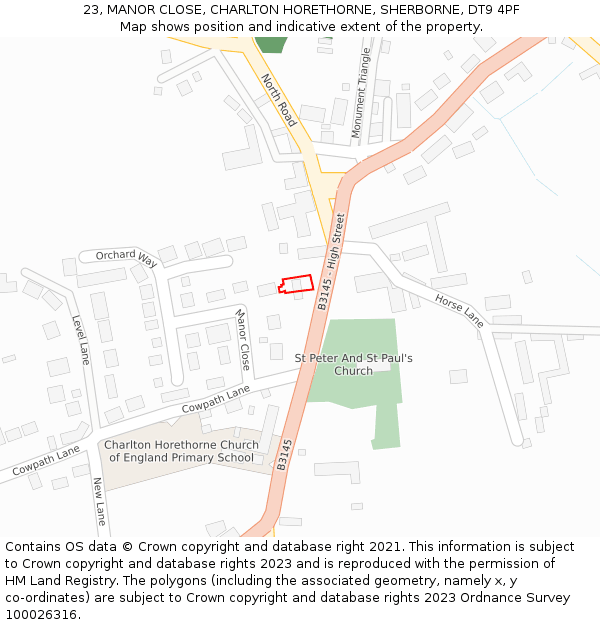 23, MANOR CLOSE, CHARLTON HORETHORNE, SHERBORNE, DT9 4PF: Location map and indicative extent of plot