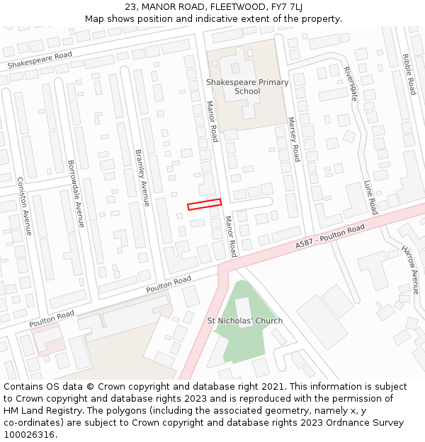 23, MANOR ROAD, FLEETWOOD, FY7 7LJ: Location map and indicative extent of plot