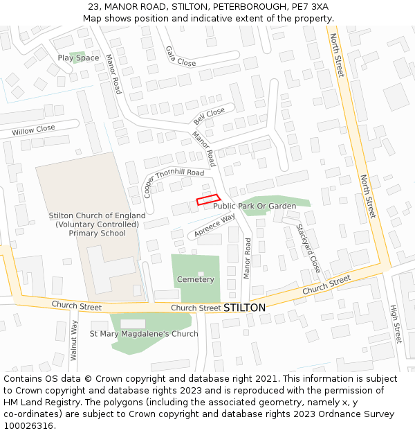 23, MANOR ROAD, STILTON, PETERBOROUGH, PE7 3XA: Location map and indicative extent of plot