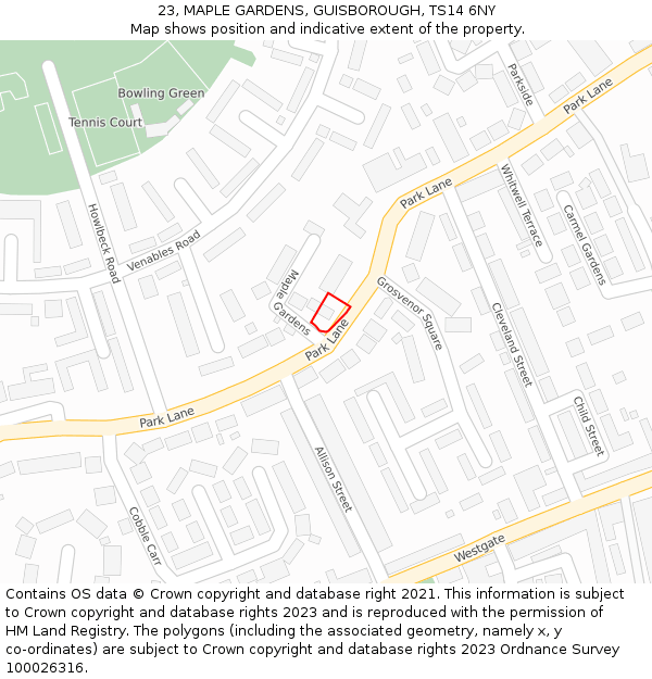 23, MAPLE GARDENS, GUISBOROUGH, TS14 6NY: Location map and indicative extent of plot