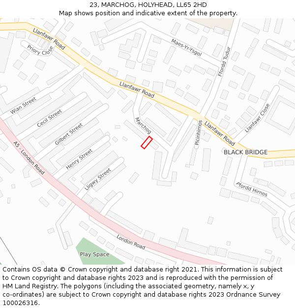 23, MARCHOG, HOLYHEAD, LL65 2HD: Location map and indicative extent of plot