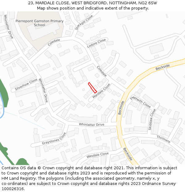 23, MARDALE CLOSE, WEST BRIDGFORD, NOTTINGHAM, NG2 6SW: Location map and indicative extent of plot