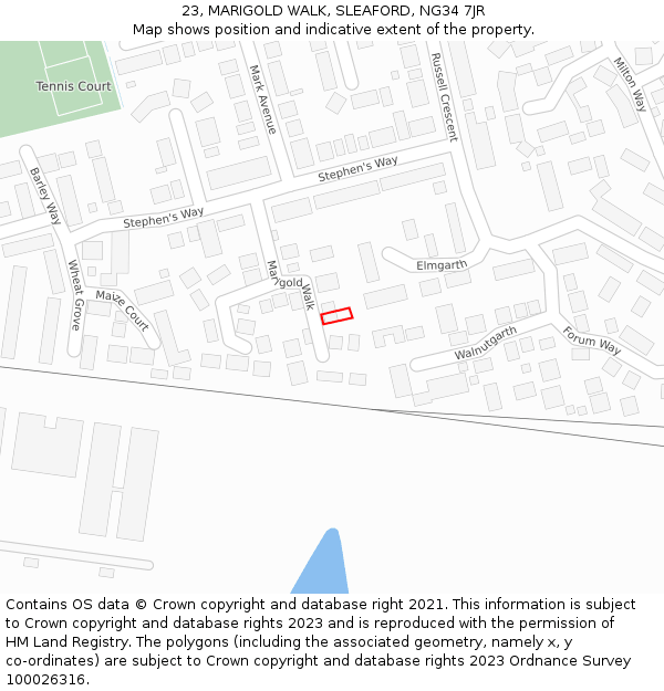 23, MARIGOLD WALK, SLEAFORD, NG34 7JR: Location map and indicative extent of plot