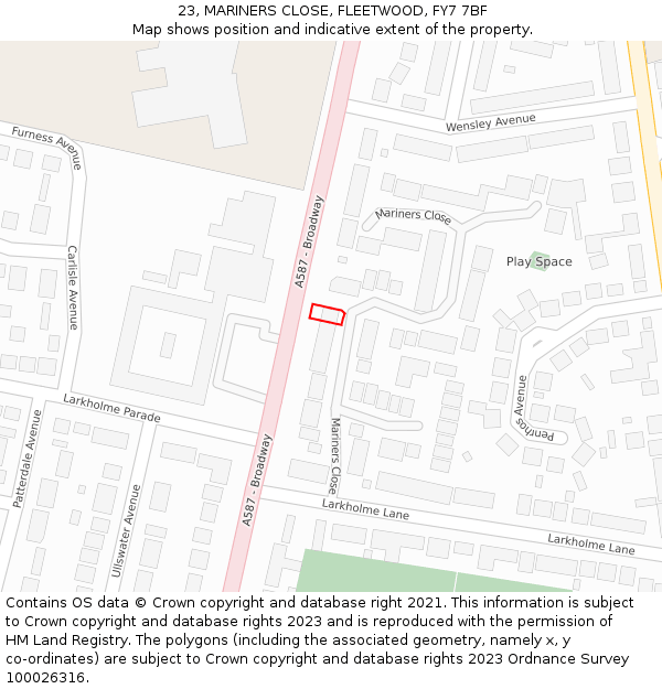 23, MARINERS CLOSE, FLEETWOOD, FY7 7BF: Location map and indicative extent of plot