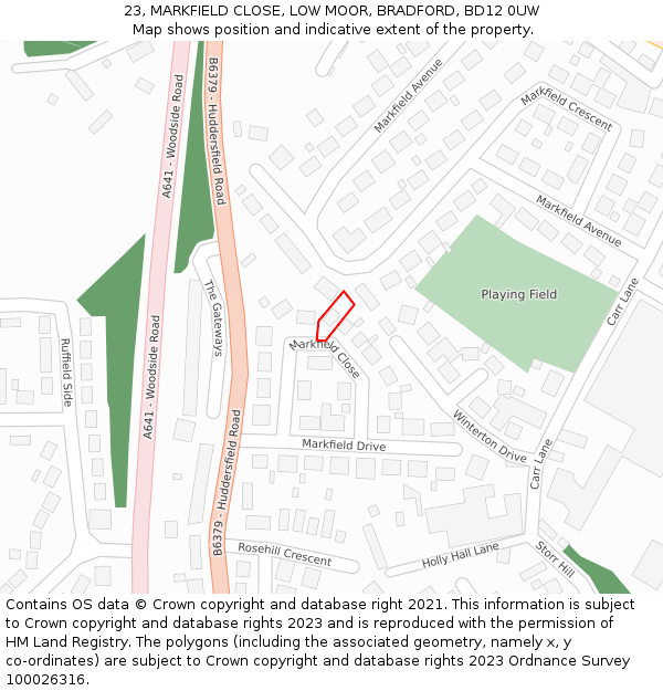 23, MARKFIELD CLOSE, LOW MOOR, BRADFORD, BD12 0UW: Location map and indicative extent of plot