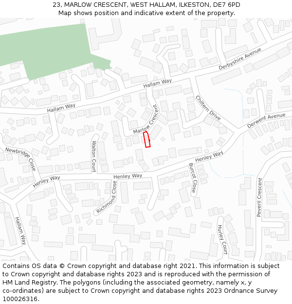 23, MARLOW CRESCENT, WEST HALLAM, ILKESTON, DE7 6PD: Location map and indicative extent of plot