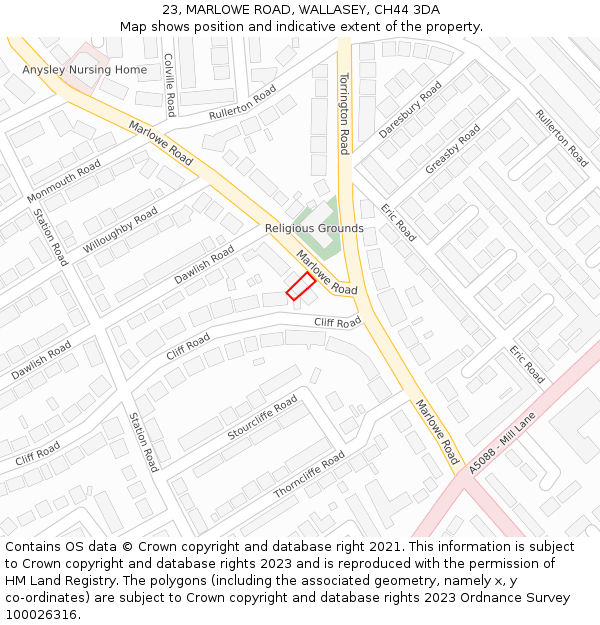 23, MARLOWE ROAD, WALLASEY, CH44 3DA: Location map and indicative extent of plot