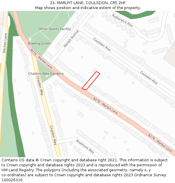 23, MARLPIT LANE, COULSDON, CR5 2HF: Location map and indicative extent of plot