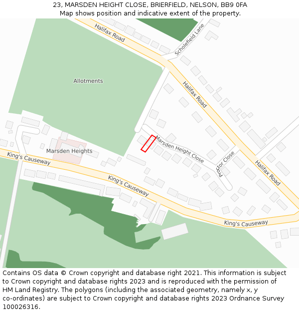 23, MARSDEN HEIGHT CLOSE, BRIERFIELD, NELSON, BB9 0FA: Location map and indicative extent of plot