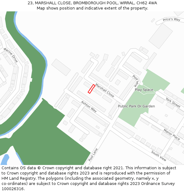 23, MARSHALL CLOSE, BROMBOROUGH POOL, WIRRAL, CH62 4WA: Location map and indicative extent of plot