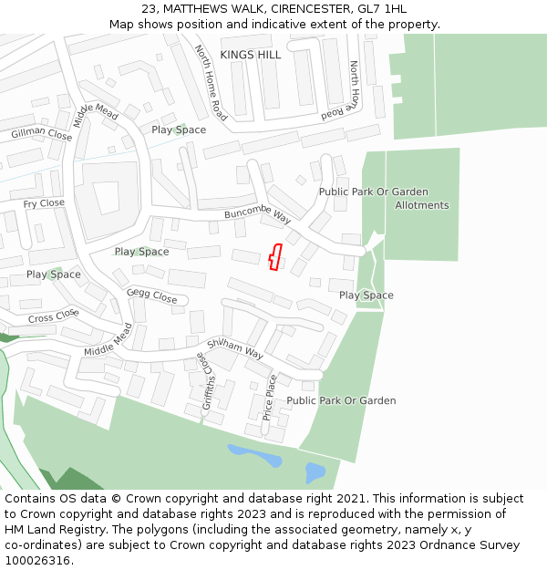 23, MATTHEWS WALK, CIRENCESTER, GL7 1HL: Location map and indicative extent of plot