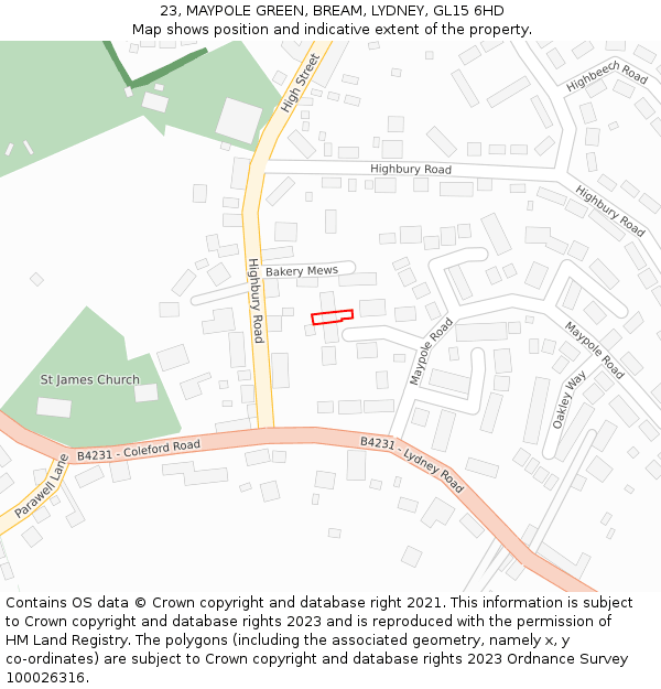 23, MAYPOLE GREEN, BREAM, LYDNEY, GL15 6HD: Location map and indicative extent of plot