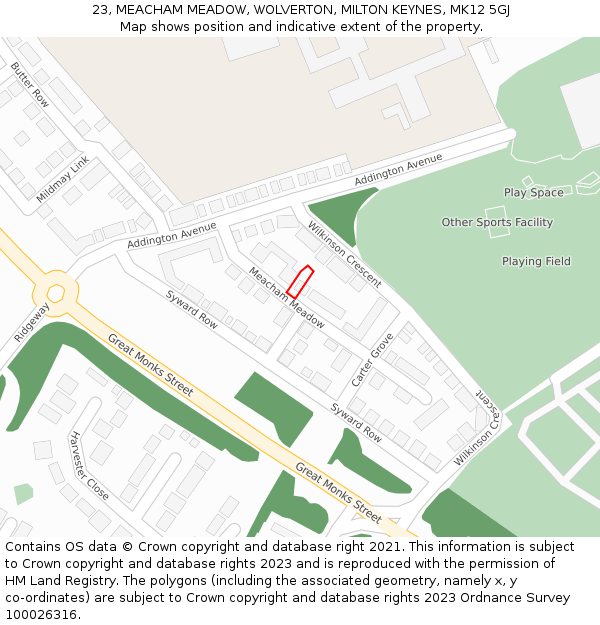 23, MEACHAM MEADOW, WOLVERTON, MILTON KEYNES, MK12 5GJ: Location map and indicative extent of plot