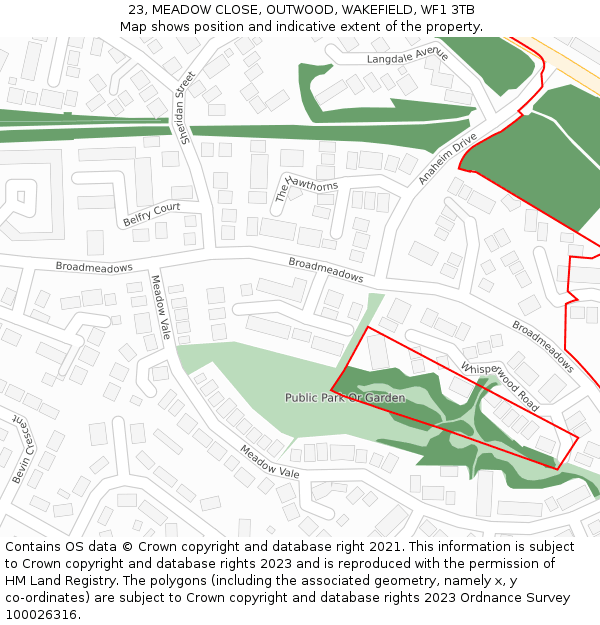 23, MEADOW CLOSE, OUTWOOD, WAKEFIELD, WF1 3TB: Location map and indicative extent of plot