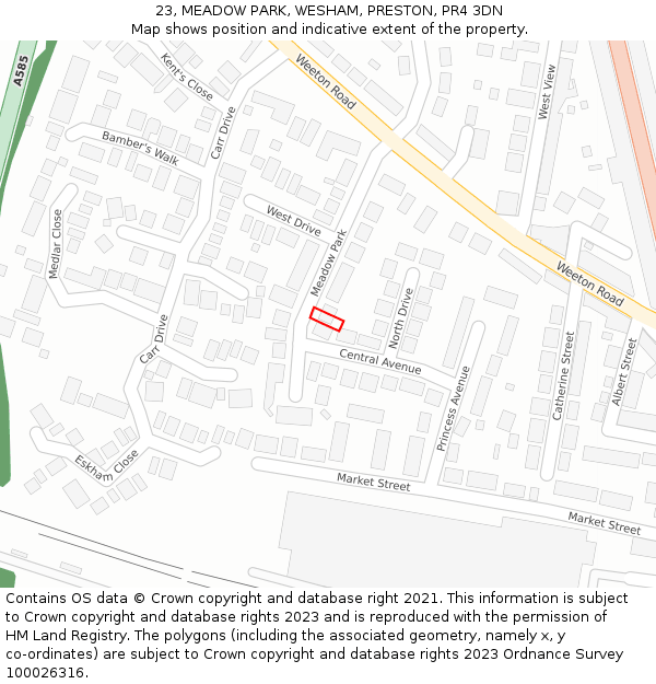 23, MEADOW PARK, WESHAM, PRESTON, PR4 3DN: Location map and indicative extent of plot