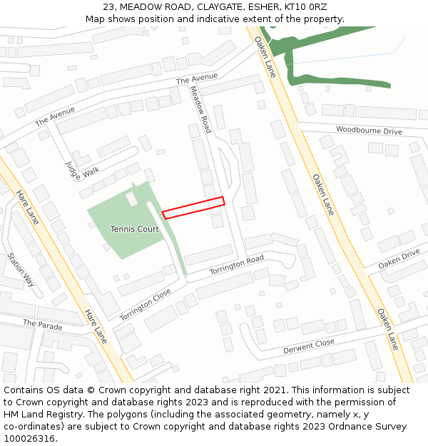 23, MEADOW ROAD, CLAYGATE, ESHER, KT10 0RZ: Location map and indicative extent of plot