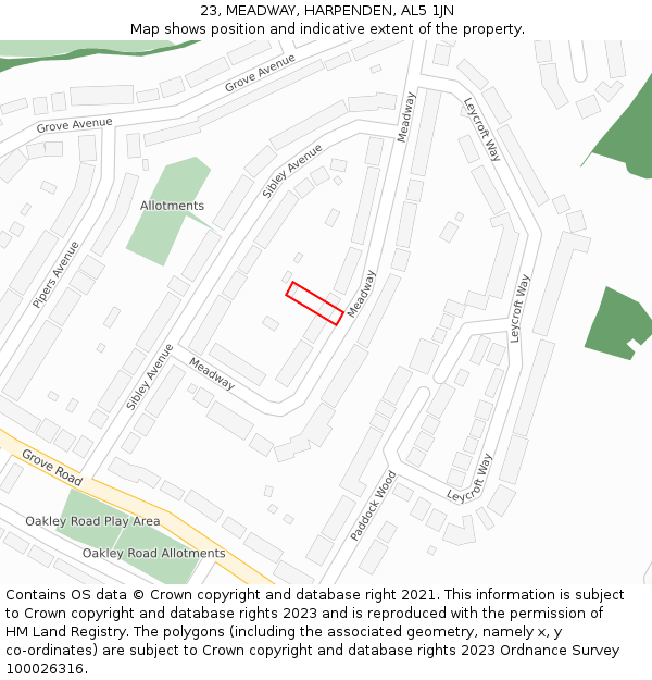 23, MEADWAY, HARPENDEN, AL5 1JN: Location map and indicative extent of plot