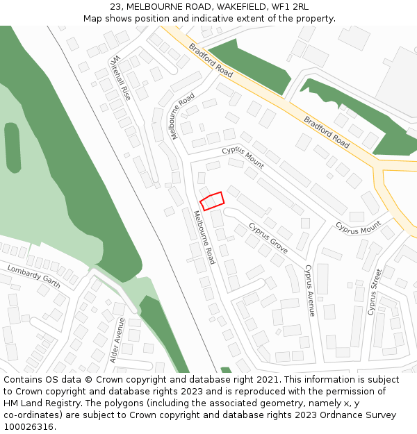 23, MELBOURNE ROAD, WAKEFIELD, WF1 2RL: Location map and indicative extent of plot