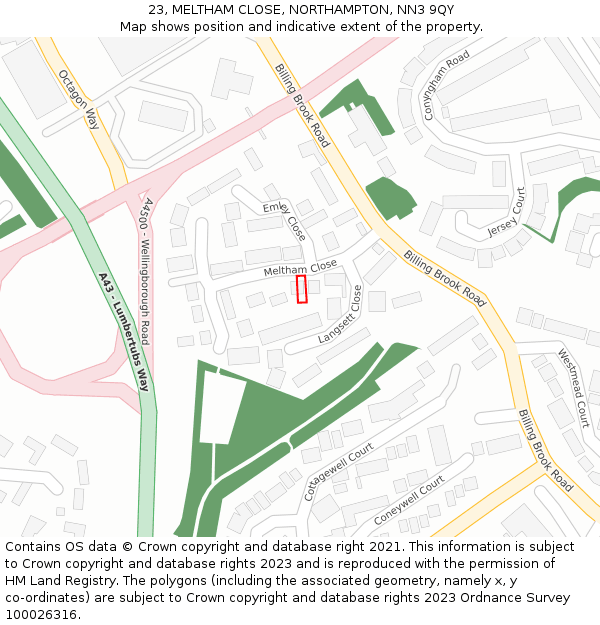 23, MELTHAM CLOSE, NORTHAMPTON, NN3 9QY: Location map and indicative extent of plot