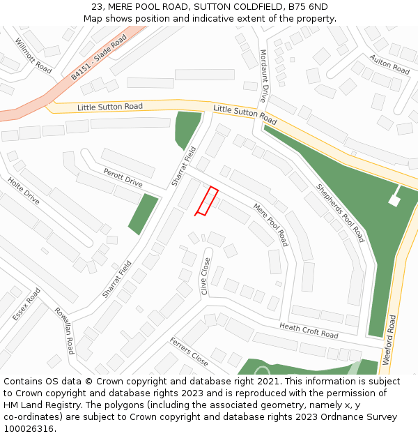 23, MERE POOL ROAD, SUTTON COLDFIELD, B75 6ND: Location map and indicative extent of plot