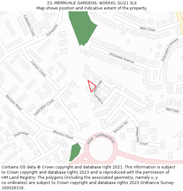 23, MERRIVALE GARDENS, WOKING, GU21 3LX: Location map and indicative extent of plot