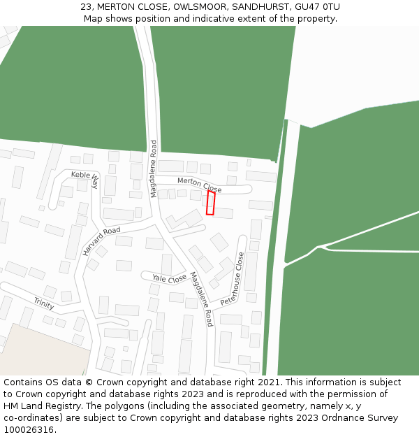 23, MERTON CLOSE, OWLSMOOR, SANDHURST, GU47 0TU: Location map and indicative extent of plot