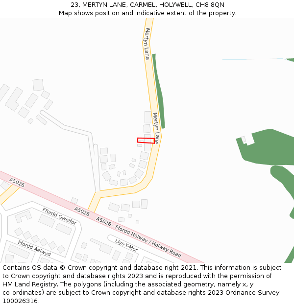 23, MERTYN LANE, CARMEL, HOLYWELL, CH8 8QN: Location map and indicative extent of plot