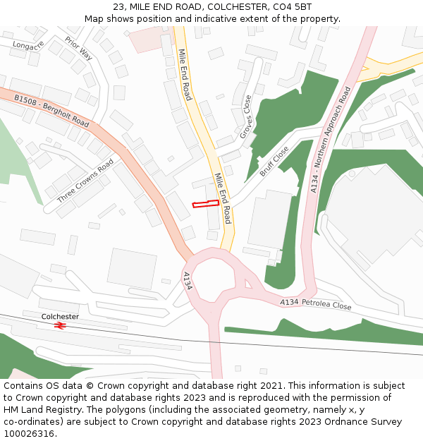 23, MILE END ROAD, COLCHESTER, CO4 5BT: Location map and indicative extent of plot