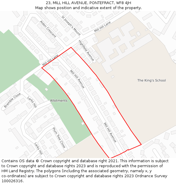 23, MILL HILL AVENUE, PONTEFRACT, WF8 4JH: Location map and indicative extent of plot