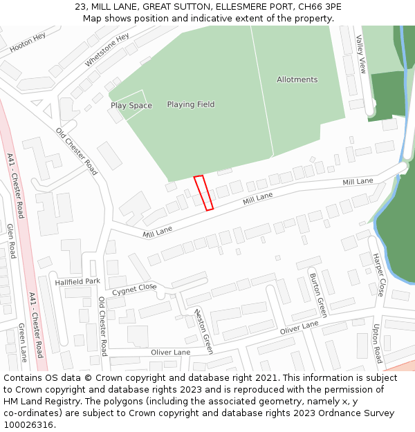 23, MILL LANE, GREAT SUTTON, ELLESMERE PORT, CH66 3PE: Location map and indicative extent of plot