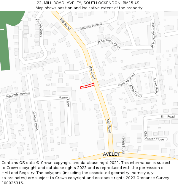 23, MILL ROAD, AVELEY, SOUTH OCKENDON, RM15 4SL: Location map and indicative extent of plot