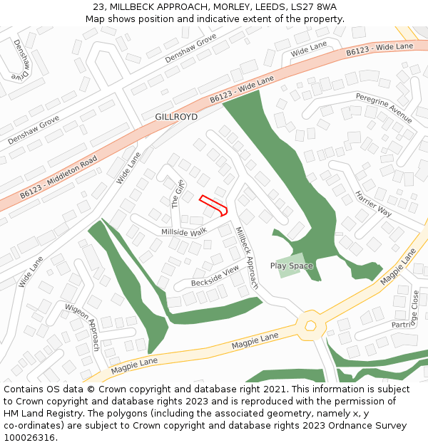 23, MILLBECK APPROACH, MORLEY, LEEDS, LS27 8WA: Location map and indicative extent of plot