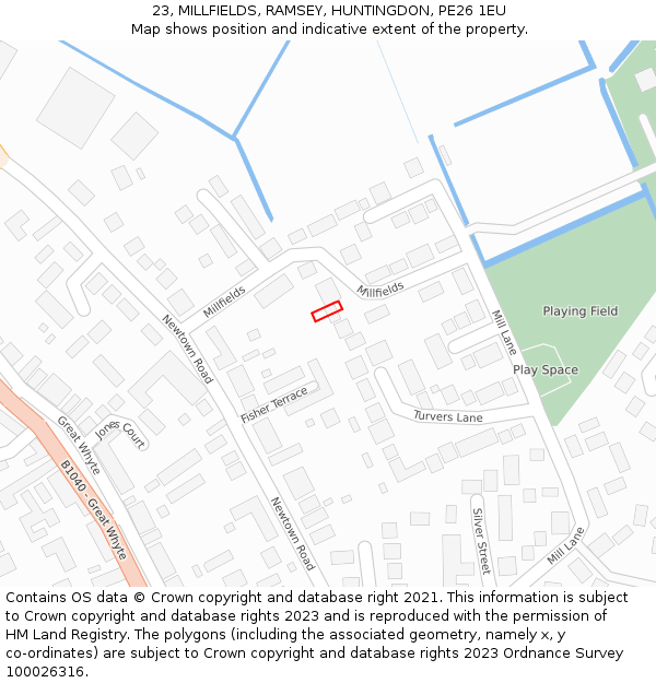 23, MILLFIELDS, RAMSEY, HUNTINGDON, PE26 1EU: Location map and indicative extent of plot