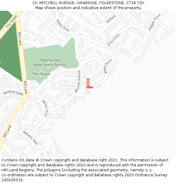 23, MITCHELL AVENUE, HAWKINGE, FOLKESTONE, CT18 7QY: Location map and indicative extent of plot