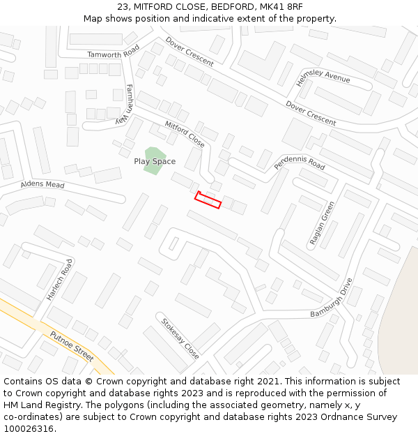 23, MITFORD CLOSE, BEDFORD, MK41 8RF: Location map and indicative extent of plot