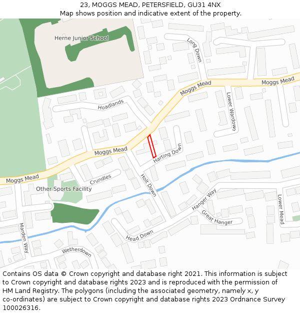 23, MOGGS MEAD, PETERSFIELD, GU31 4NX: Location map and indicative extent of plot