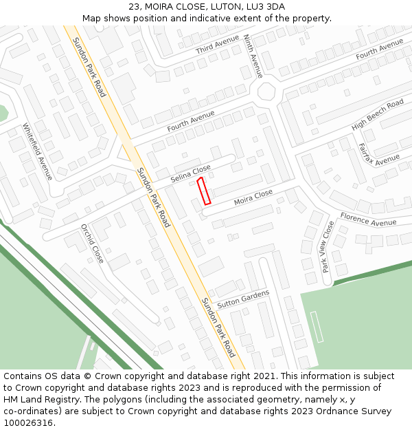 23, MOIRA CLOSE, LUTON, LU3 3DA: Location map and indicative extent of plot