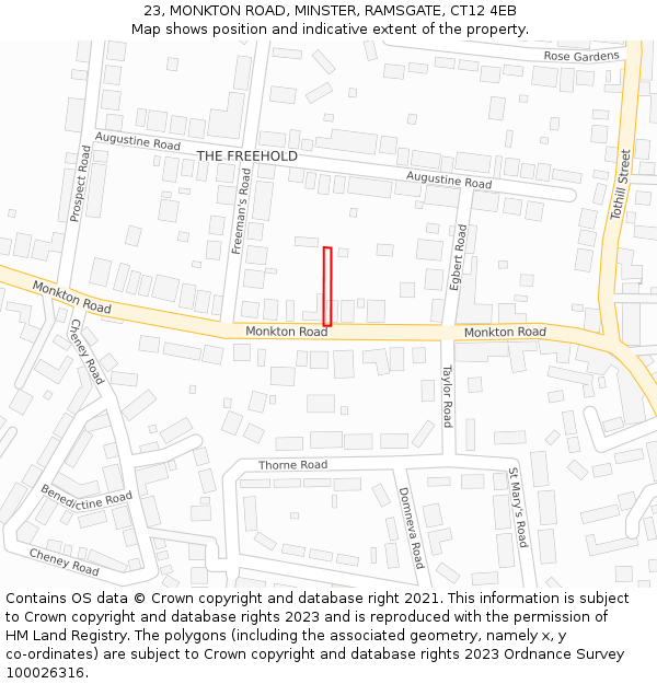 23, MONKTON ROAD, MINSTER, RAMSGATE, CT12 4EB: Location map and indicative extent of plot