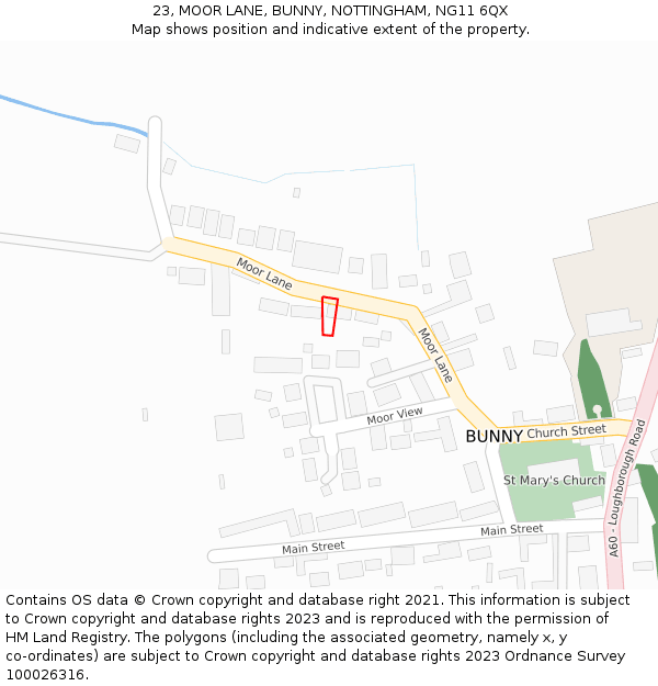 23, MOOR LANE, BUNNY, NOTTINGHAM, NG11 6QX: Location map and indicative extent of plot