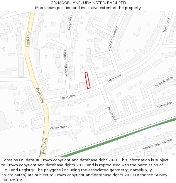 23, MOOR LANE, UPMINSTER, RM14 1EB: Location map and indicative extent of plot