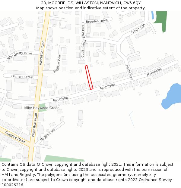 23, MOORFIELDS, WILLASTON, NANTWICH, CW5 6QY: Location map and indicative extent of plot