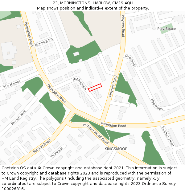 23, MORNINGTONS, HARLOW, CM19 4QH: Location map and indicative extent of plot