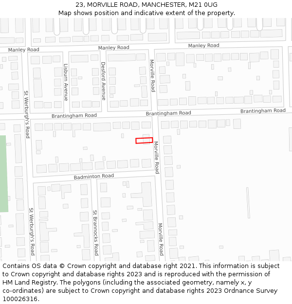 23, MORVILLE ROAD, MANCHESTER, M21 0UG: Location map and indicative extent of plot